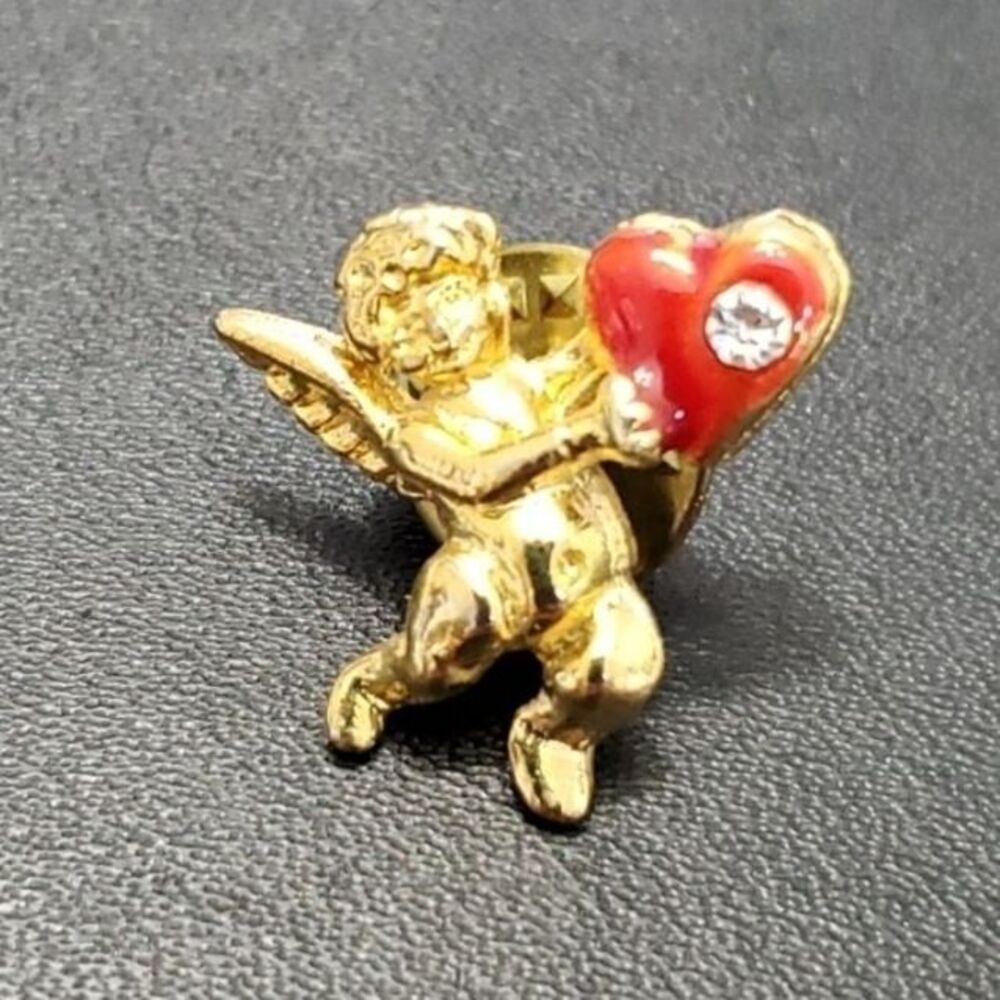 Gold tone cupid brooch red heart clear rhinestone - Picture 2 of 9